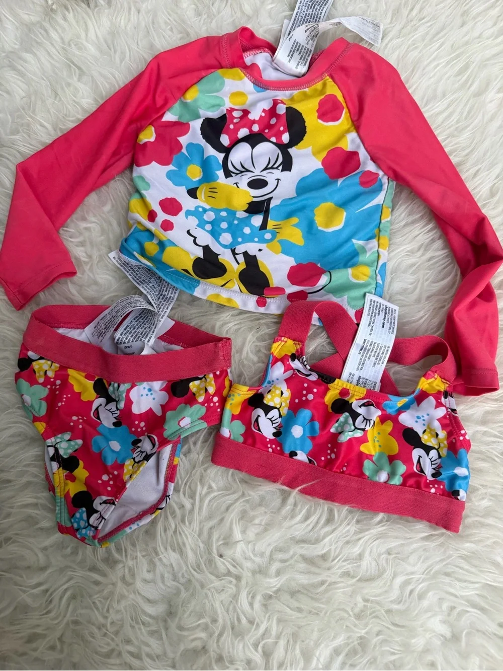 Disney Store Minnie Mouse Rash Guard Deluxe Swimsuit Girls 3 pc UPF